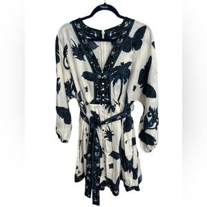 Banana Republic Linen Blue & White Butterfly Mini Dress Size 14